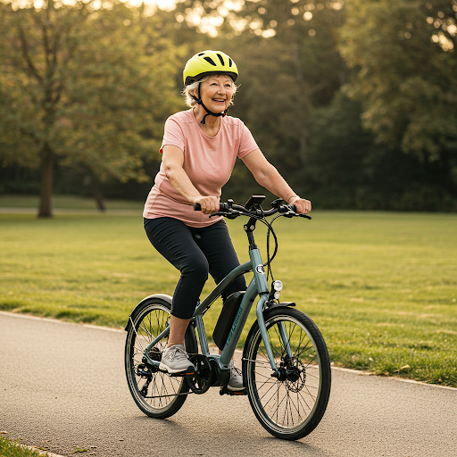 Starsza kobieta z osteoporozą jedzie na rowerze elektrycznym po parku. Kask i komfortowa postawa podkreślają bezpieczeństwo jazdy, a uśmiech sugeruje radość z aktywności fizycznej. Osteoporoza a jazda na rowerze elektrycznym – sposób na wzmocnienie kości i utrzymanie mobilności.