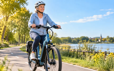 Starsza kobieta jedzie na rowerze elektrycznym ścieżką nad jeziorem – osteoporoza a aktywność fizyczna