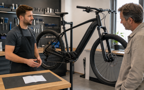 Pierwszy przegląd roweru elektrycznego w serwisie – mechanik rozmawia z klientem