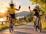 Pozdrawianie się na rowerze – rowerzysta i rowerzystka na rowerze elektrycznym witający się gestem na trasie
