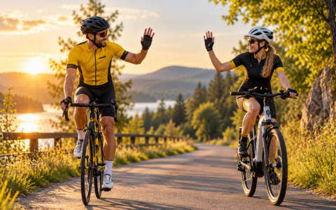 Pozdrawianie się na rowerze – rowerzysta i rowerzystka na rowerze elektrycznym witający się gestem na trasie