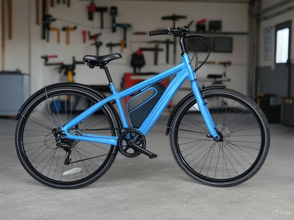 Niebieski rower elektryczny przygotowany do sezonu wiosennego, ustawiony w garażu z narzędziami do przeglądu i konserwacji e-bike'a w tle.