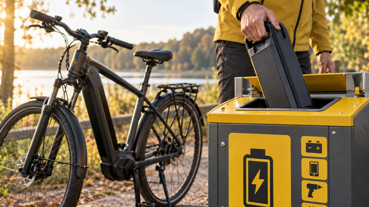 Recykling baterii z rowerów elektrycznych – zużyty akumulator oddawany do specjalnego pojemnika w punkcie odbioru odpadów obok e-bike’a