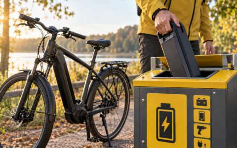 Recykling baterii z rowerów elektrycznych – zużyty akumulator oddawany do specjalnego pojemnika w punkcie odbioru odpadów obok e-bike’a