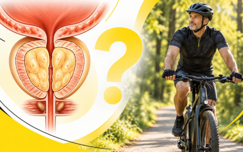 Rower a prostata – ilustracja prostaty i mężczyzna jadący na rowerze elektrycznym leśną trasą