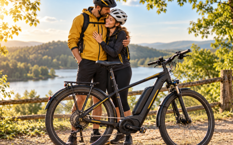 Para rowerzystów przytulająca się obok roweru elektrycznego nad jeziorem – rower elektryczny a płodność