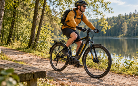 Rowerzysta pedałuje na rowerze elektrycznym po leśnej ścieżce nad jeziorem. Rower bez baterii w ramie.