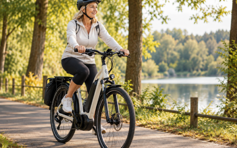 Kobieta po 50. roku życia jadąca na rowerze elektrycznym – zdrowie, aktywność i bezpieczeństwo jazdy