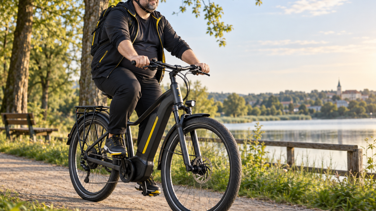 Rower elektryczny dla osoby z nadwagą podczas jazdy nad jeziorem.
