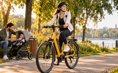 Kobieta jadąca na rowerze elektrycznym po porodzie, obok tata z dzieckiem w wózku.
