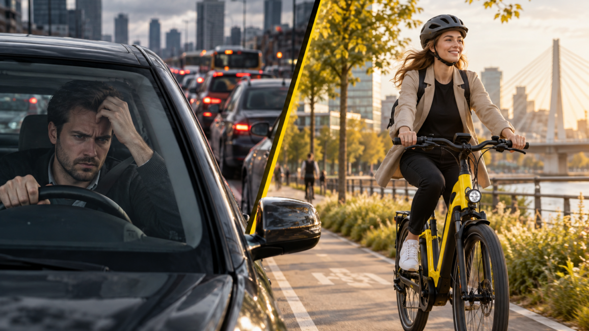 Zestresowany kierowca w korku i szczęśliwa rowerzystka jadąca rowerem elektrycznym po drodze dla rowerów – przesiadka z samochodu na e-bike