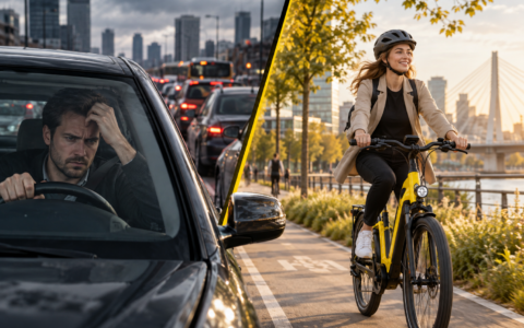 Zestresowany kierowca w korku i szczęśliwa rowerzystka jadąca rowerem elektrycznym po drodze dla rowerów – przesiadka z samochodu na e-bike