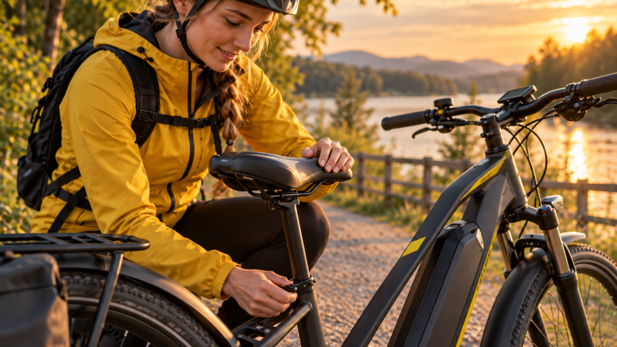 Kobieta regulująca siodełko w rowerze elektrycznym – dobór wygodnego siodełka do e-bike’a