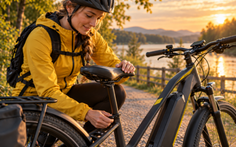 Kobieta regulująca siodełko w rowerze elektrycznym – dobór wygodnego siodełka do e-bike’a