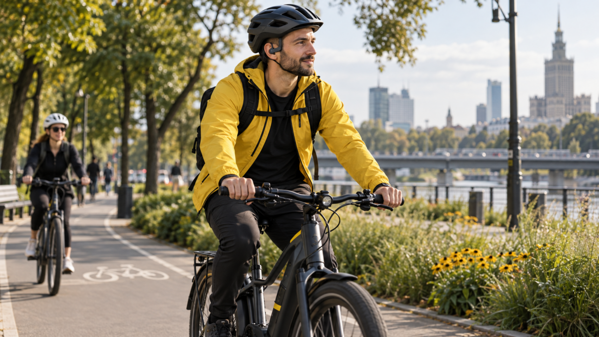 Rowerzysta na rowerze elektrycznym w słuchawkach podczas jazdy po miejskiej drodze rowerowej.