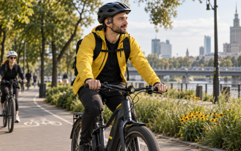 Rowerzysta na rowerze elektrycznym w słuchawkach podczas jazdy po miejskiej drodze rowerowej.
