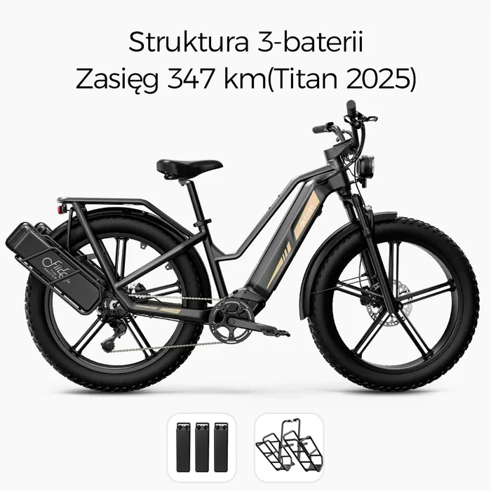 Elektryczny rower Fiido Titan Fat Tire Touring Ebike z systemem trzech baterii, oferujący zasięg do 347 km (Titan 2025). Solidna konstrukcja typu fatbike z grubymi oponami, amortyzacją i bagażnikiem, idealna na długie wyprawy terenowe.