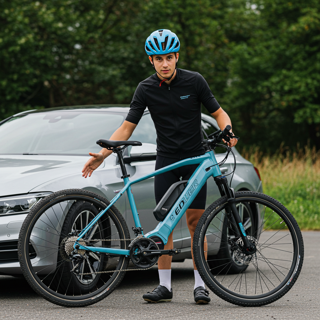 Rower elektryczny na tle samochodu — rowerzysta w kasku prezentuje model e-MTB na asfaltowej drodze.