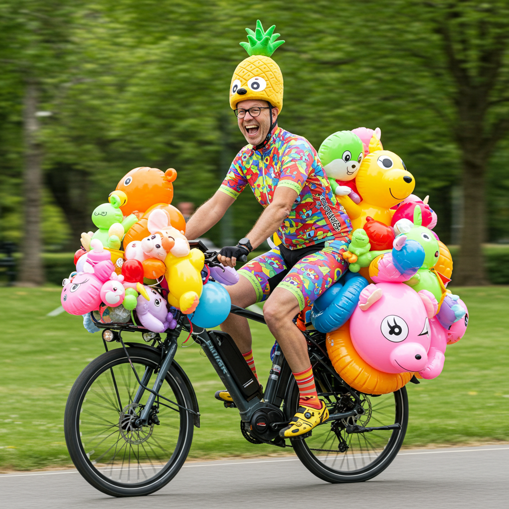 E-bike dla fanów kolorowego stylu! Kiedy jedziesz na pełnym luzie, wyglądasz jak mobilny sklep z balonami i masz ananasa na głowie.