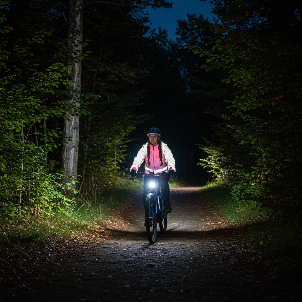 Zdjęcie przedstawia osobę jadącą na rowerze elektrycznym nocą przez leśną ścieżkę. Rower wyposażony jest w mocne oświetlenie przednie, które skutecznie rozświetla drogę. Osoba ma na sobie kask oraz odzież odblaskową, co zwiększa jej widoczność i bezpieczeństwo podczas jazdy po zmroku. Otaczający las tworzy klimatyczną, ale też wymagającą scenerię do nocnej jazdy.