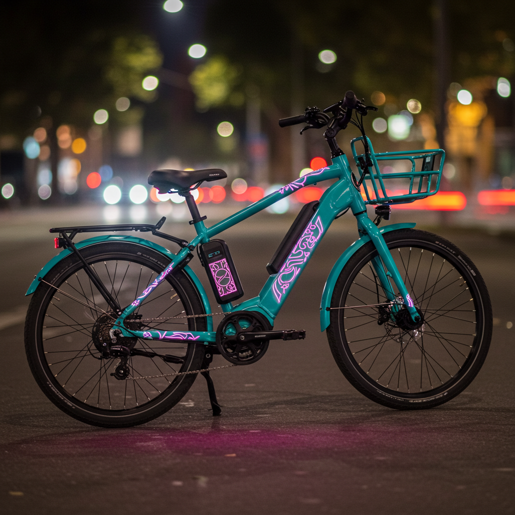 Rower elektryczny po znakowaniu – turkusowy e-bike z ozdobnymi oznaczeniami i oświetleniem, stojący nocą na ulicy.