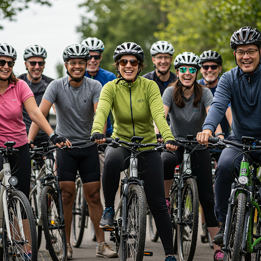Grupa uśmiechniętych rowerzystów w kaskach przed rajdem – jak zorganizować rajd rowerowy krok po kroku.