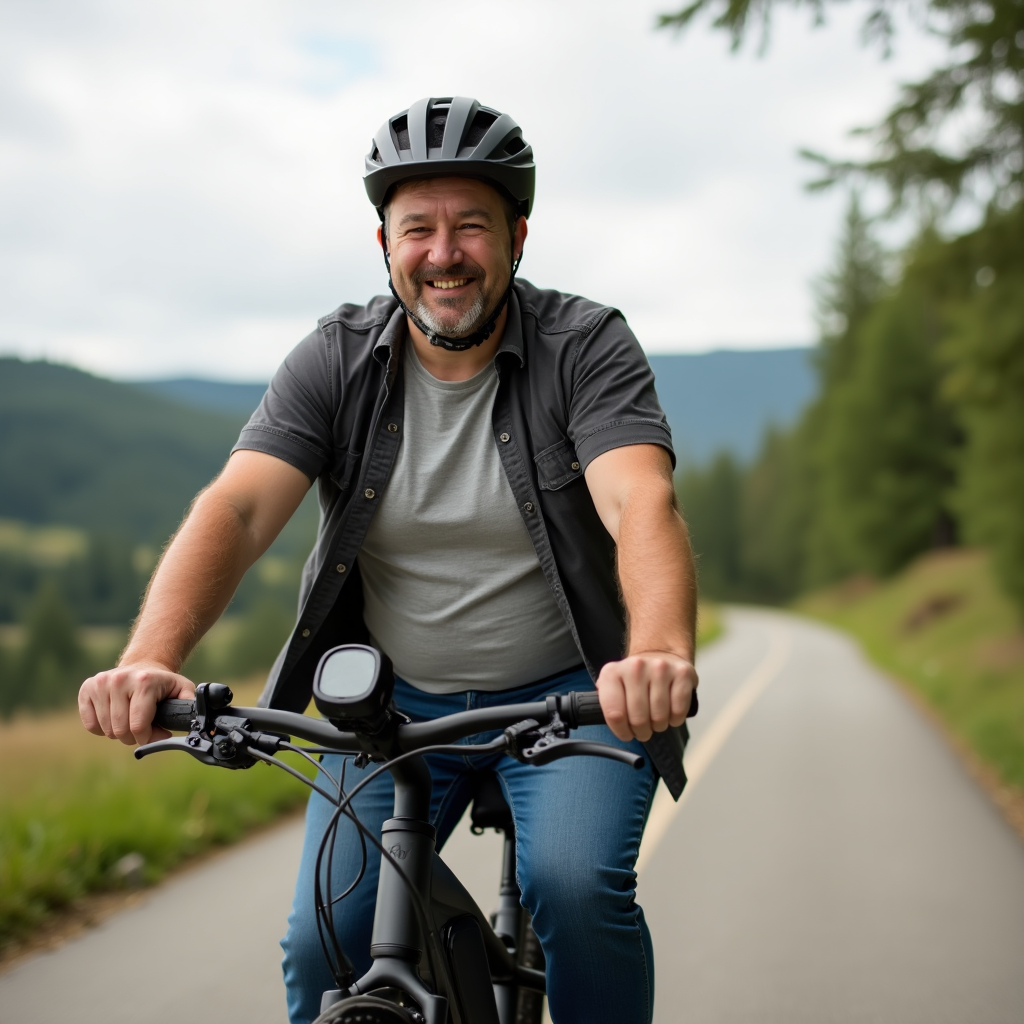 Mężczyzna z nadwagą jedzie na rowerze elektrycznym po asfaltowej ścieżce w otoczeniu lasu i gór. Uśmiecha się, nosi kask oraz ciemną koszulę rozpiętą na szarym T-shircie. Tło tworzą drzewa i zielone wzgórza, co podkreśla przyjemność z jazdy na świeżym powietrzu.