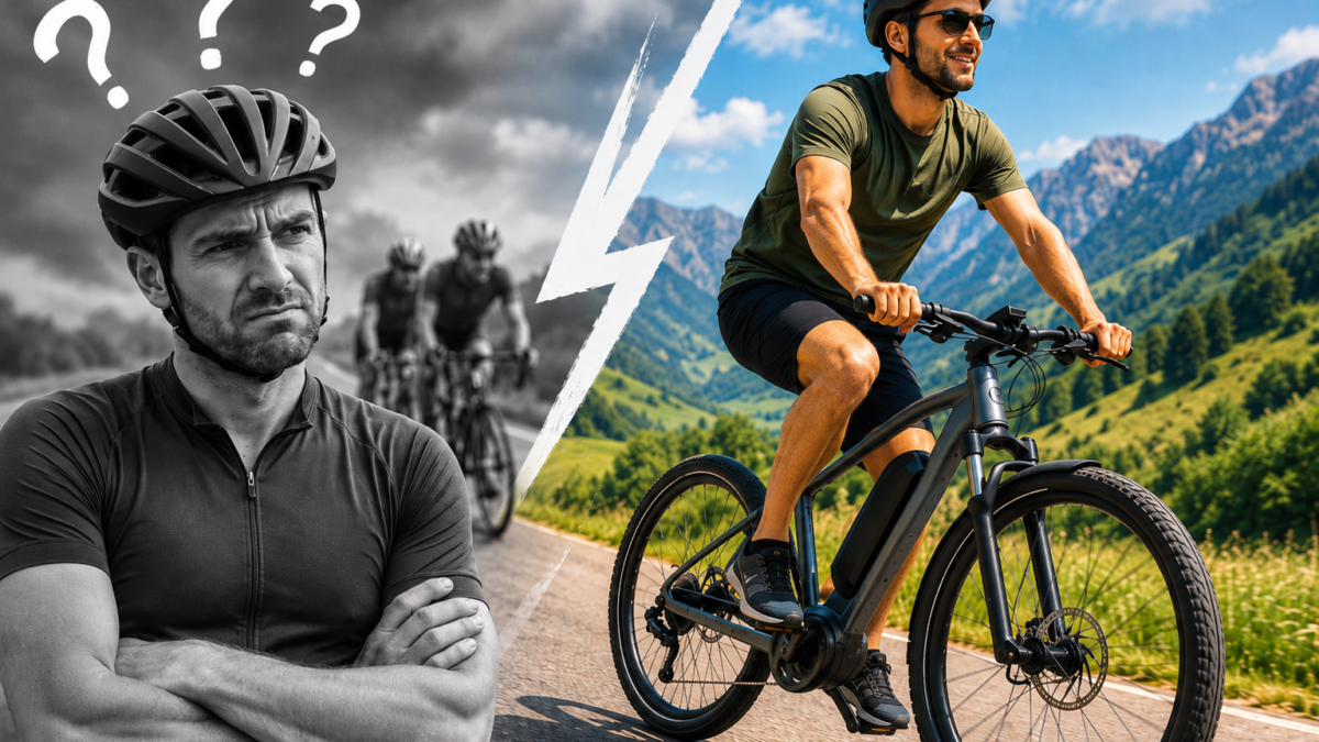 Rowerzysta na rowerze elektrycznym obok tradycyjnego rowerzysty – spór o to, czy e-bike to oszustwo