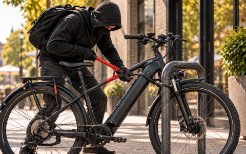 Złodziej przecinający zabezpieczenie czarnego roweru elektrycznego przy stojaku rowerowym.