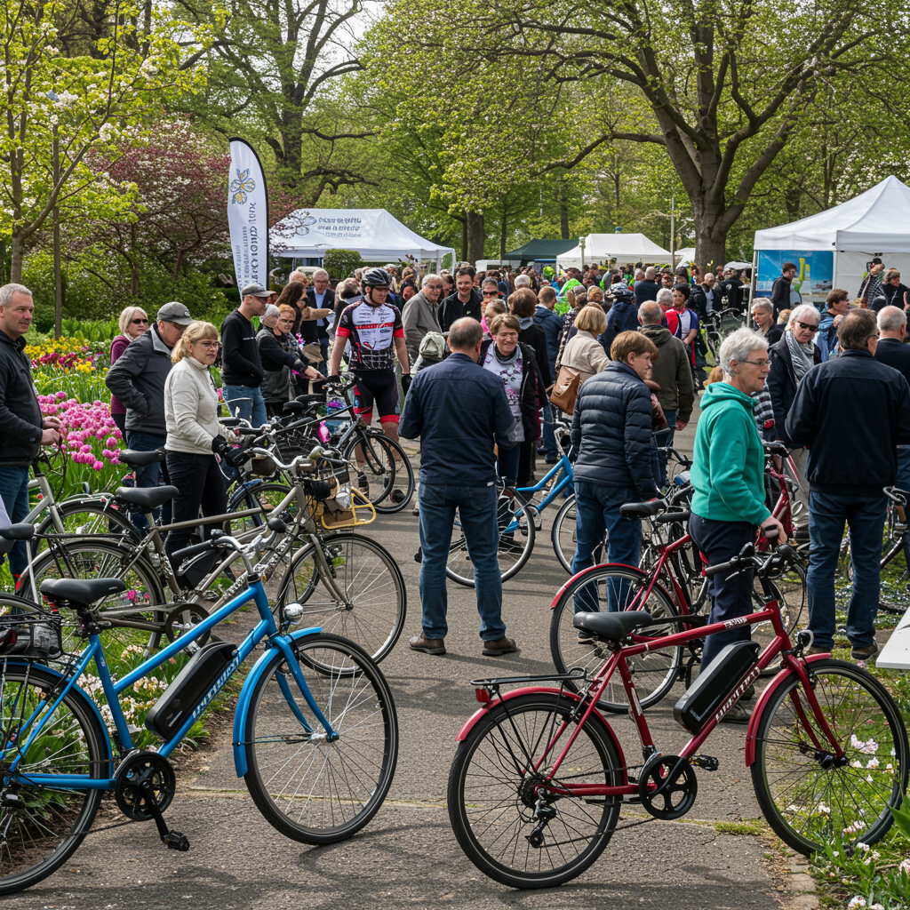 Rowerowe powitanie wiosny – tłum rowerzystów podczas wiosennego wydarzenia plenerowego w parku, otoczonego kwitnącymi drzewami i tulipanami.