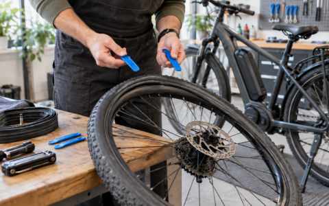 Wymiana opony w rowerze elektrycznym w domowym warsztacie – koło e-bike’a, łyżki do opon i narzędzia na stole