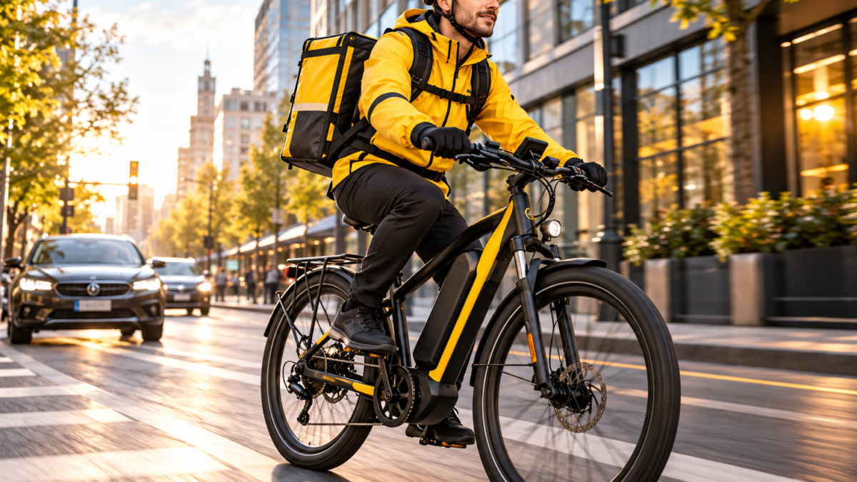Kurier na rowerze elektrycznym podczas dostaw w mieście – e-bike do pracy kurierskiej