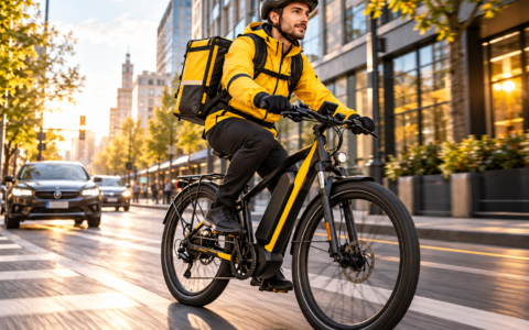 Kurier na rowerze elektrycznym podczas dostaw w mieście – e-bike do pracy kurierskiej
