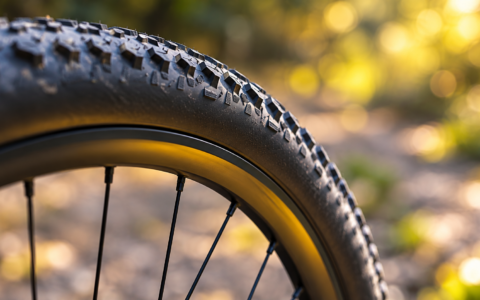 Zbliżenie na oponę rowerową z widocznym bieżnikiem i konstrukcją koła