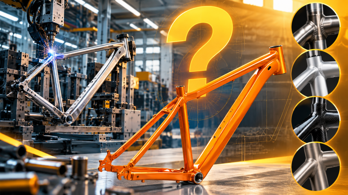 Produkcja ram rowerowych w fabryce – spawanie metalowej ramy i gotowa rama rowerowa