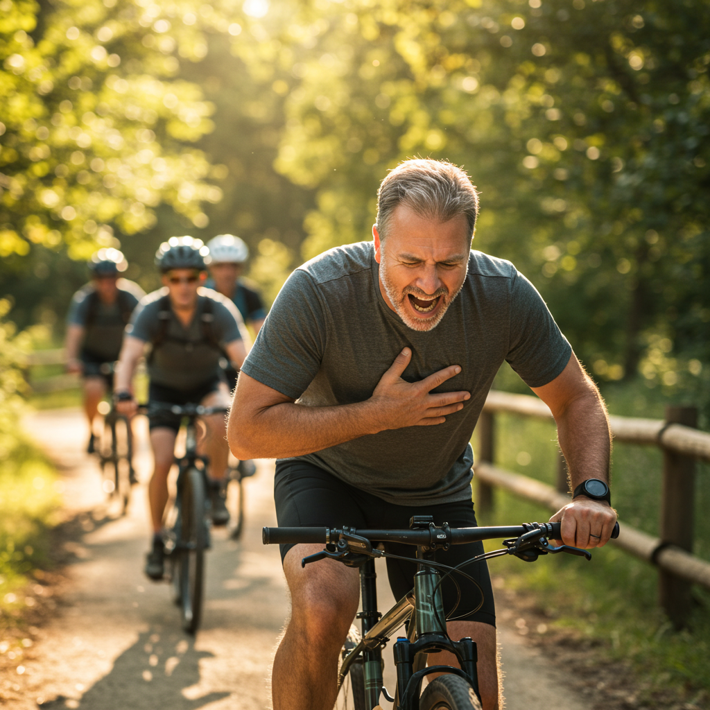 Mężczyzna na rowerze trzyma się za klatkę piersiową z bólu, sygnalizując objawy zawału serca podczas jazdy w lesie. Inni rowerzyści jadą za nim. Jak rozpoznać zawał serca na trasie?