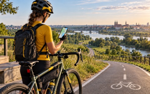 Rowerzystka planująca trasę rowerową w Google Maps na telefonie przed wycieczką