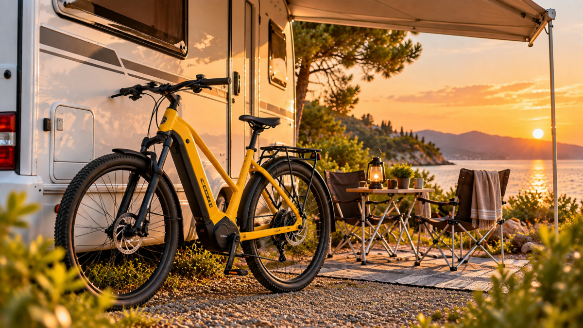 Rower elektryczny przy przyczepie kempingowej – zabezpieczenie e-bike’a na kempingu
