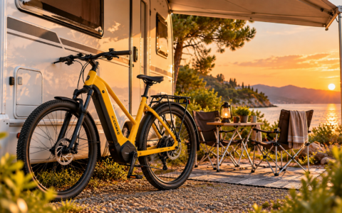 Rower elektryczny przy przyczepie kempingowej – zabezpieczenie e-bike’a na kempingu
