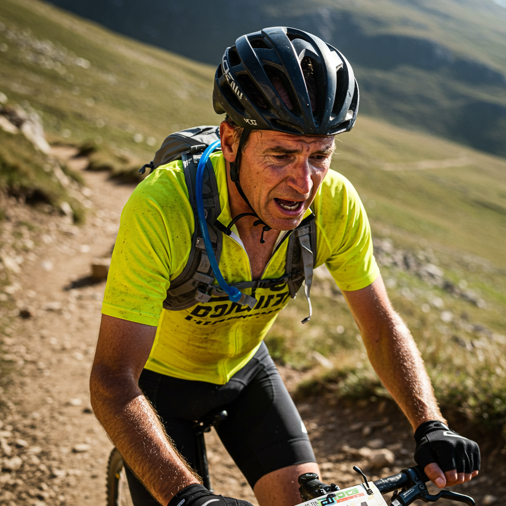 Mężczyzna na rowerze górskim podczas intensywnego podjazdu w górach, w żółtej koszulce i kasku ochronnym.