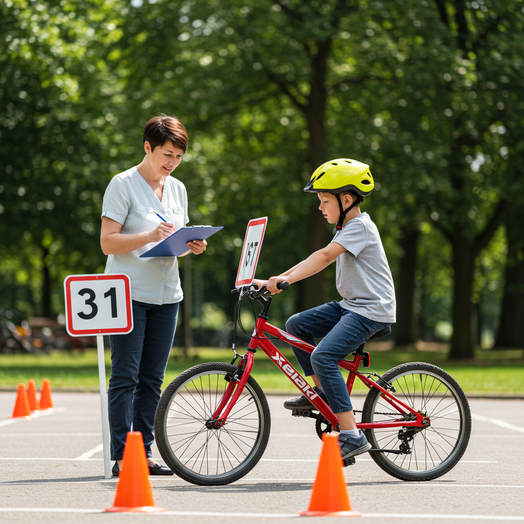 Egzamin praktyczny na kartę rowerową – chłopiec na rowerze wykonuje manewr pod okiem instruktorki na placu manewrowym.