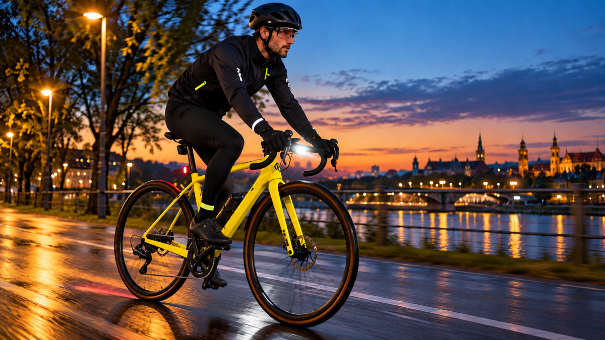 Rowerzysta na żółtym rowerze jedzie o zmierzchu po mokrej ścieżce rowerowej, pokazując jak kolor ramy wpływa na widoczność na drodze