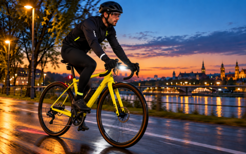 Rowerzysta na żółtym rowerze jedzie o zmierzchu po mokrej ścieżce rowerowej, pokazując jak kolor ramy wpływa na widoczność na drodze