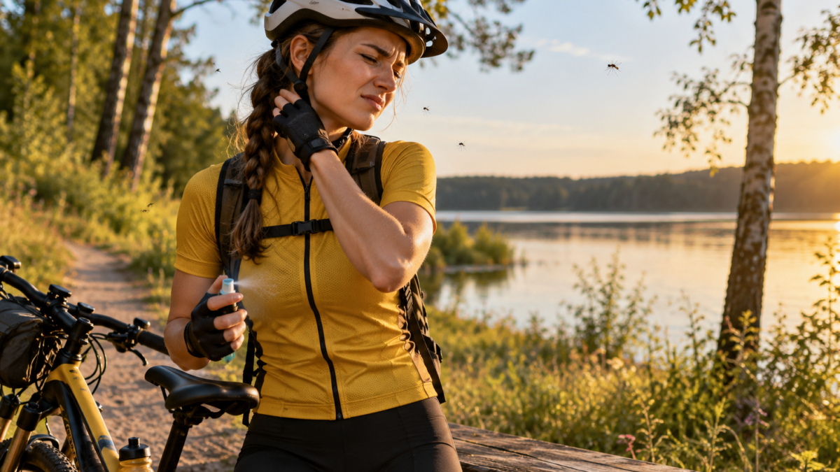 Komary na trasie rowerowej – rowerzystka używa repelentu nad jeziorem podczas postoju
