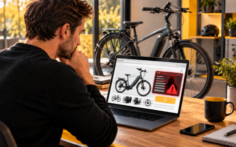 Mężczyzna sprawdzający ofertę roweru elektrycznego online na laptopie – ostrzeżenie przed oszustwem przy zakupie e-bike’a.
