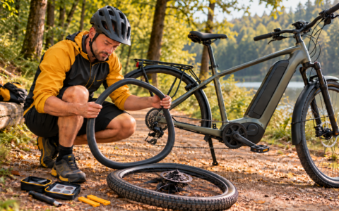 Naprawa dętki w rowerze elektrycznym – rowerzysta łata dętkę przy rowerze elektrycznym na leśnej ścieżce nad jeziorem