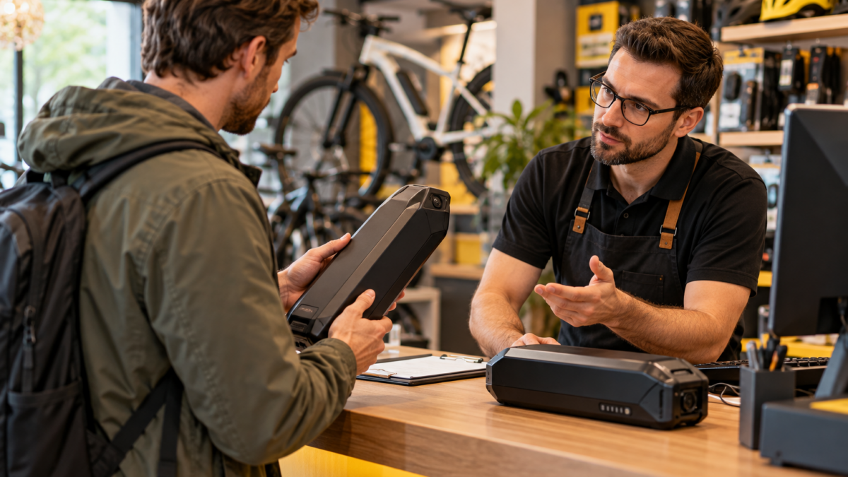 Klient reklamujący baterię z roweru elektrycznego u sprzedawcy w sklepie rowerowym
