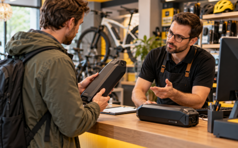 Klient reklamujący baterię z roweru elektrycznego u sprzedawcy w sklepie rowerowym