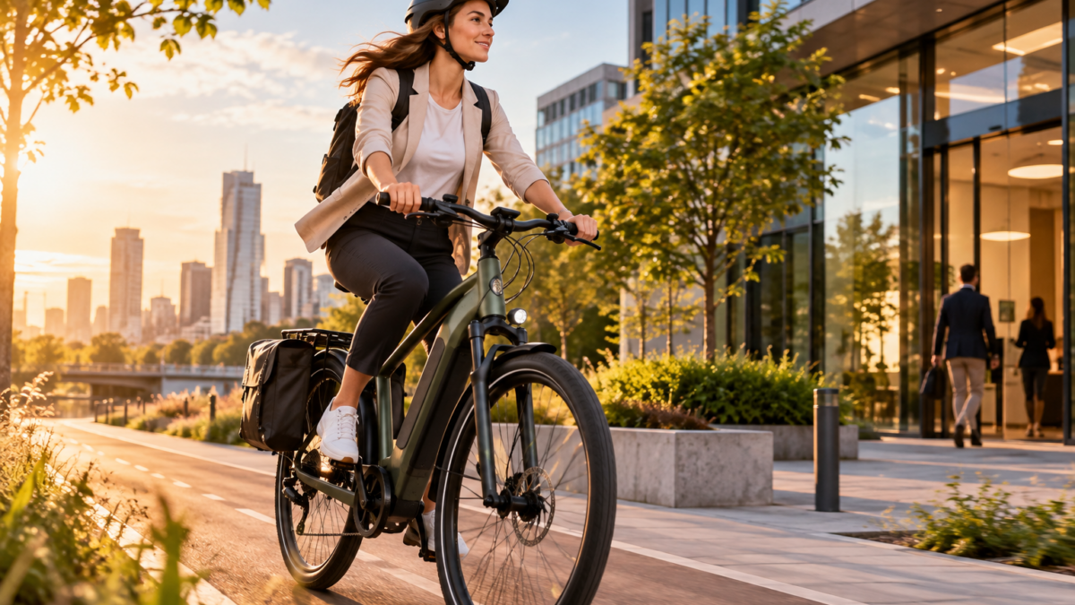 Kobieta jadąca rowerem elektrycznym do pracy z sakwą – wygodny dojazd e-bike’em bez nadmiernego wysiłku