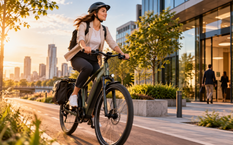 Kobieta jadąca rowerem elektrycznym do pracy z sakwą – wygodny dojazd e-bike’em bez nadmiernego wysiłku